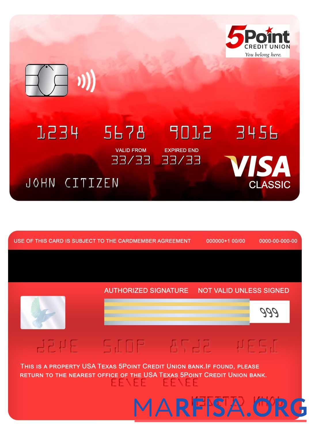 Realistic USA Texas 5Point Credit Union bank visa classic card template